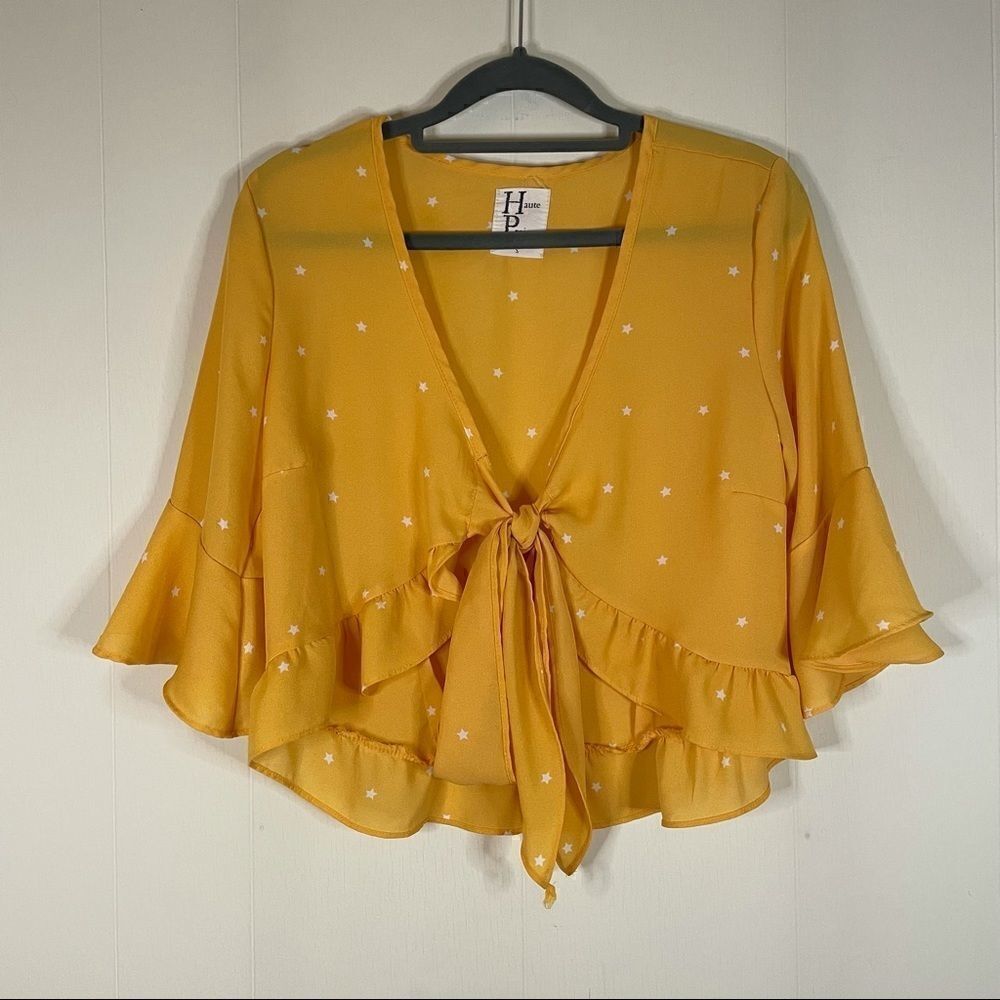 Haute Project Ruffle Sleeve Tie Front Crop Top